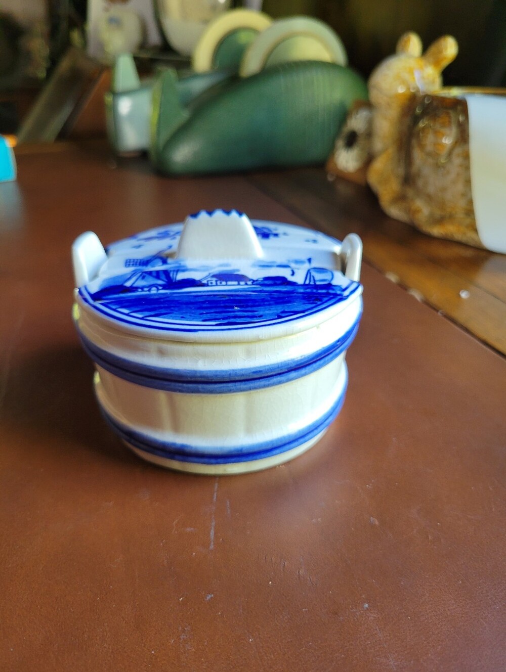 Delfts? Holland Elesva Blue/White Lidded Barrel Shape •Butter/Sugar/Trinkets